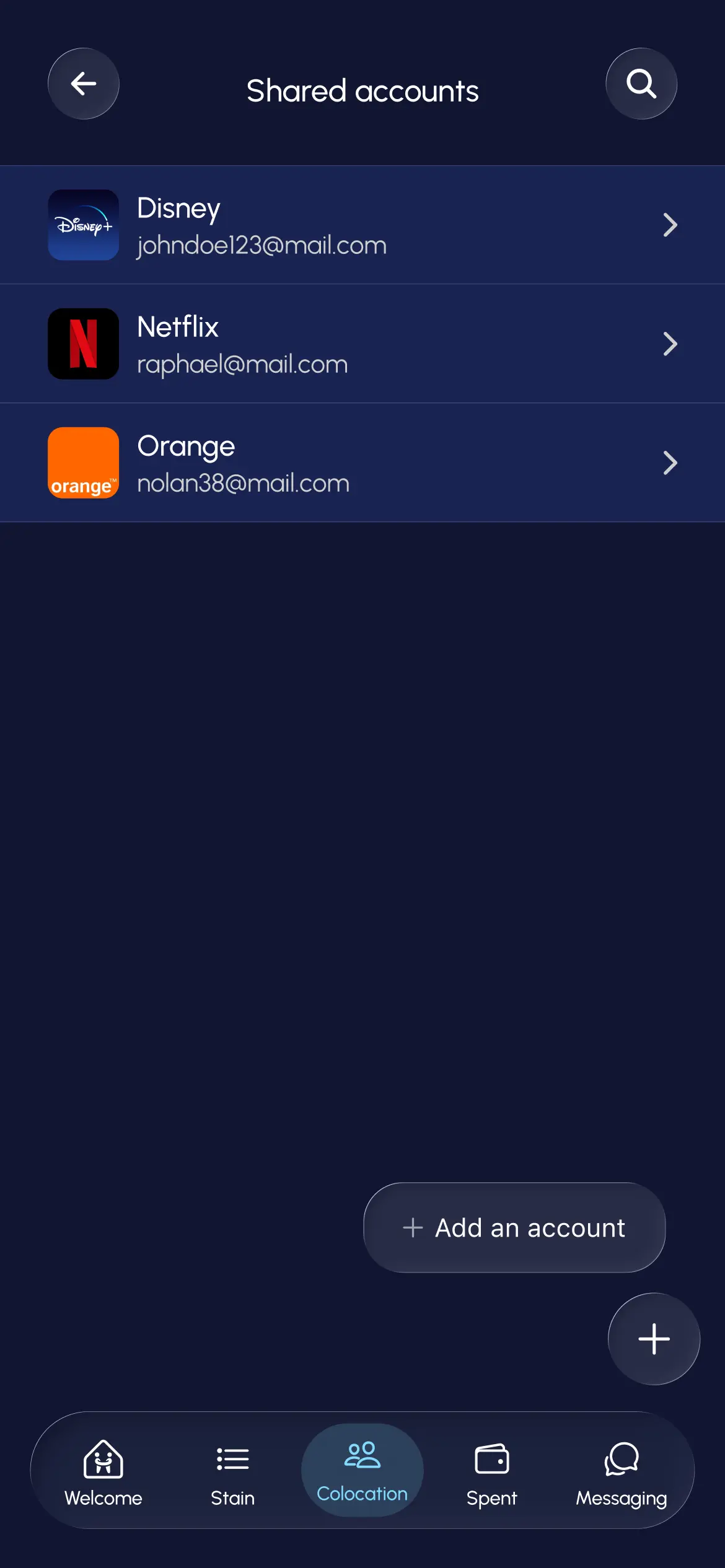 Shared accounts tab