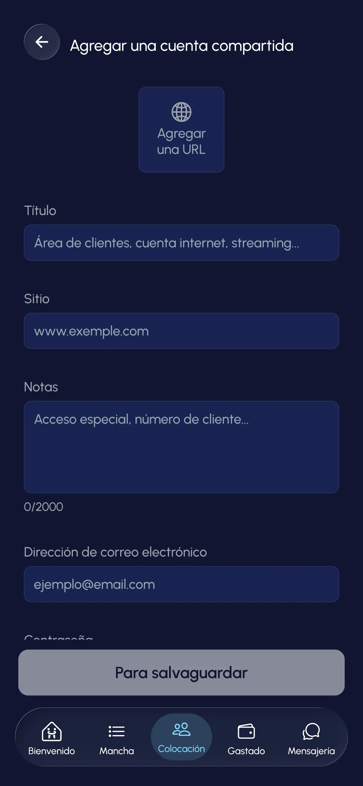 Pestaña de cuentas compartidas