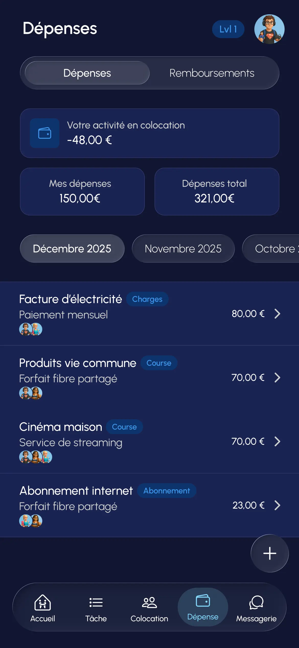 Onglet dépenses