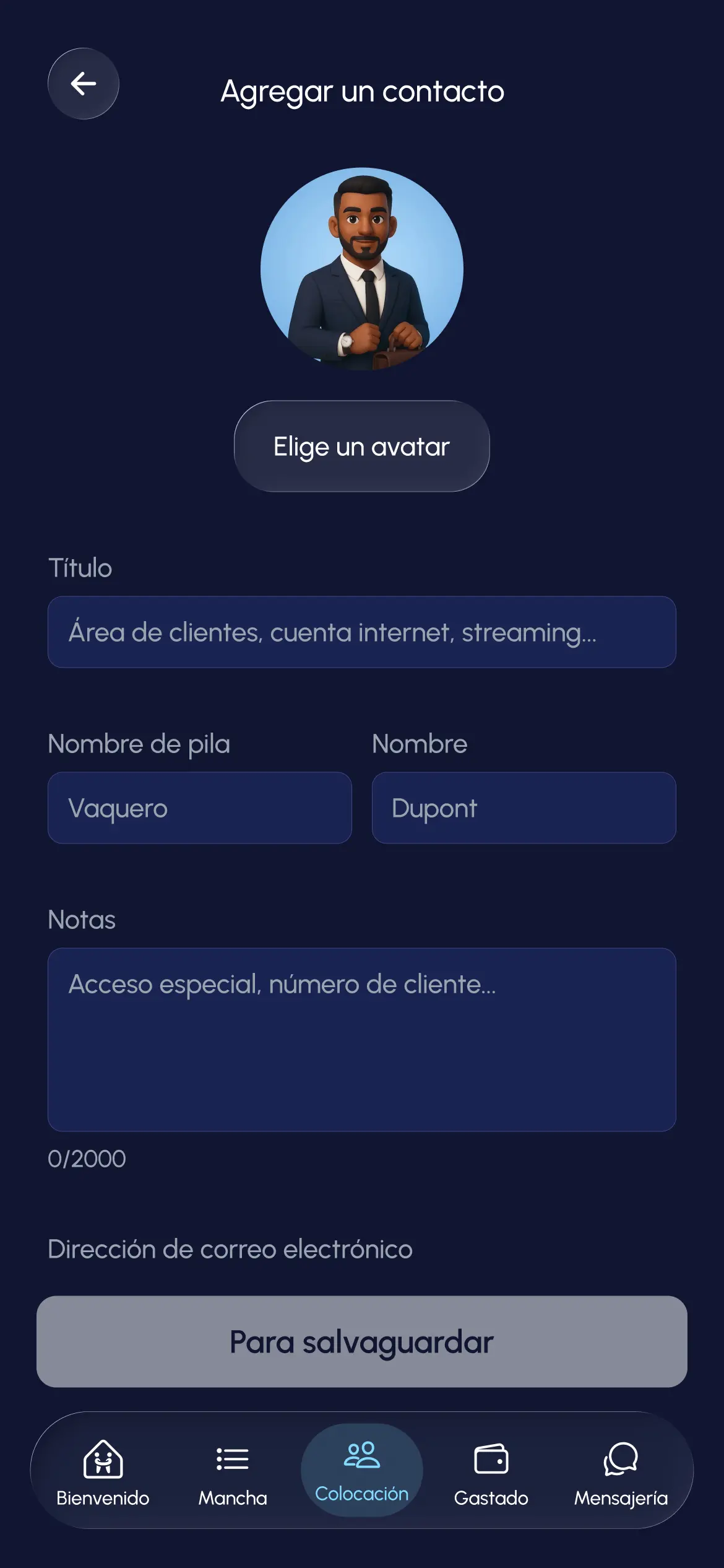 Pestaña de contactos