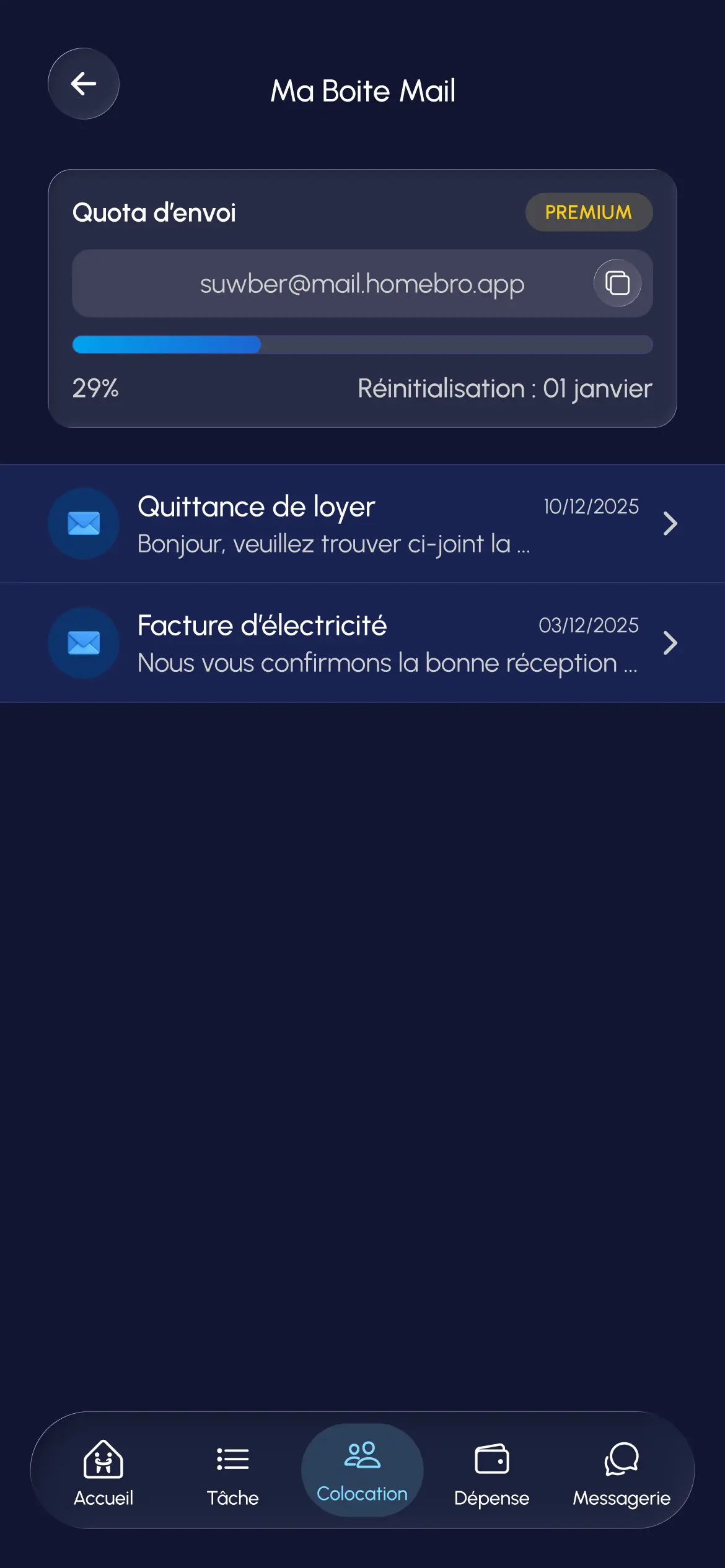 Onglet boîte mail