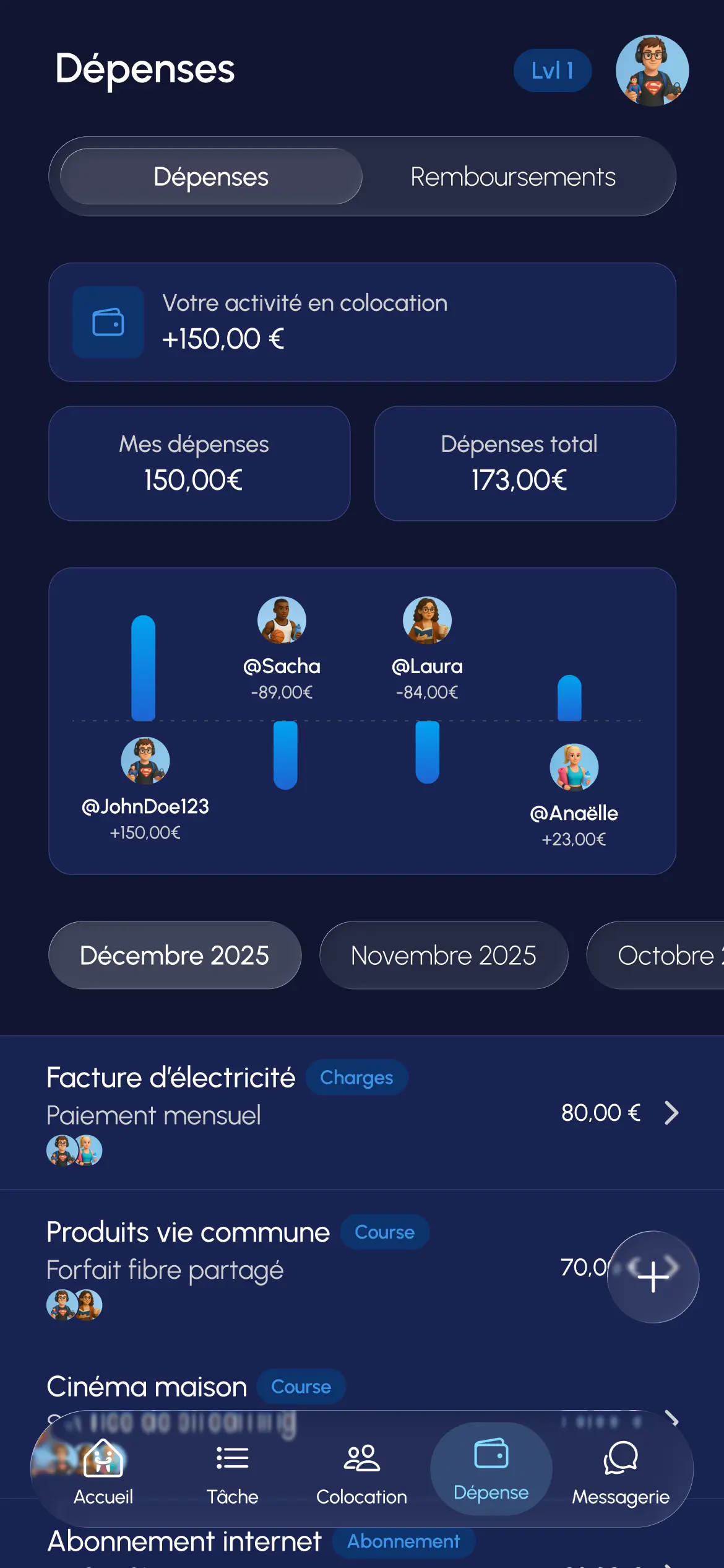 Page dépenses partagées - Application Homebro colocation